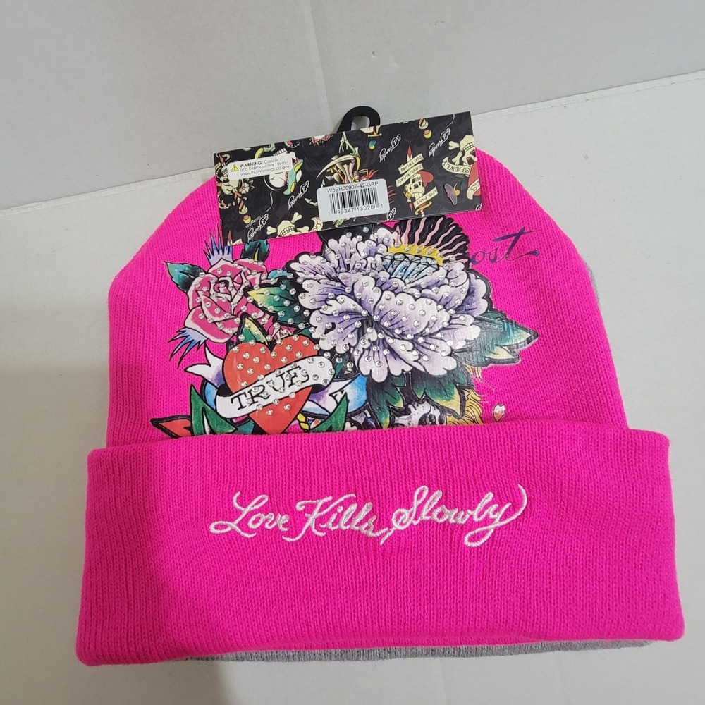Ed Hardy 2-Pk Knit Beanie Hat Skull Love Kills Tiger Y2K One Sz Embroidered NWT